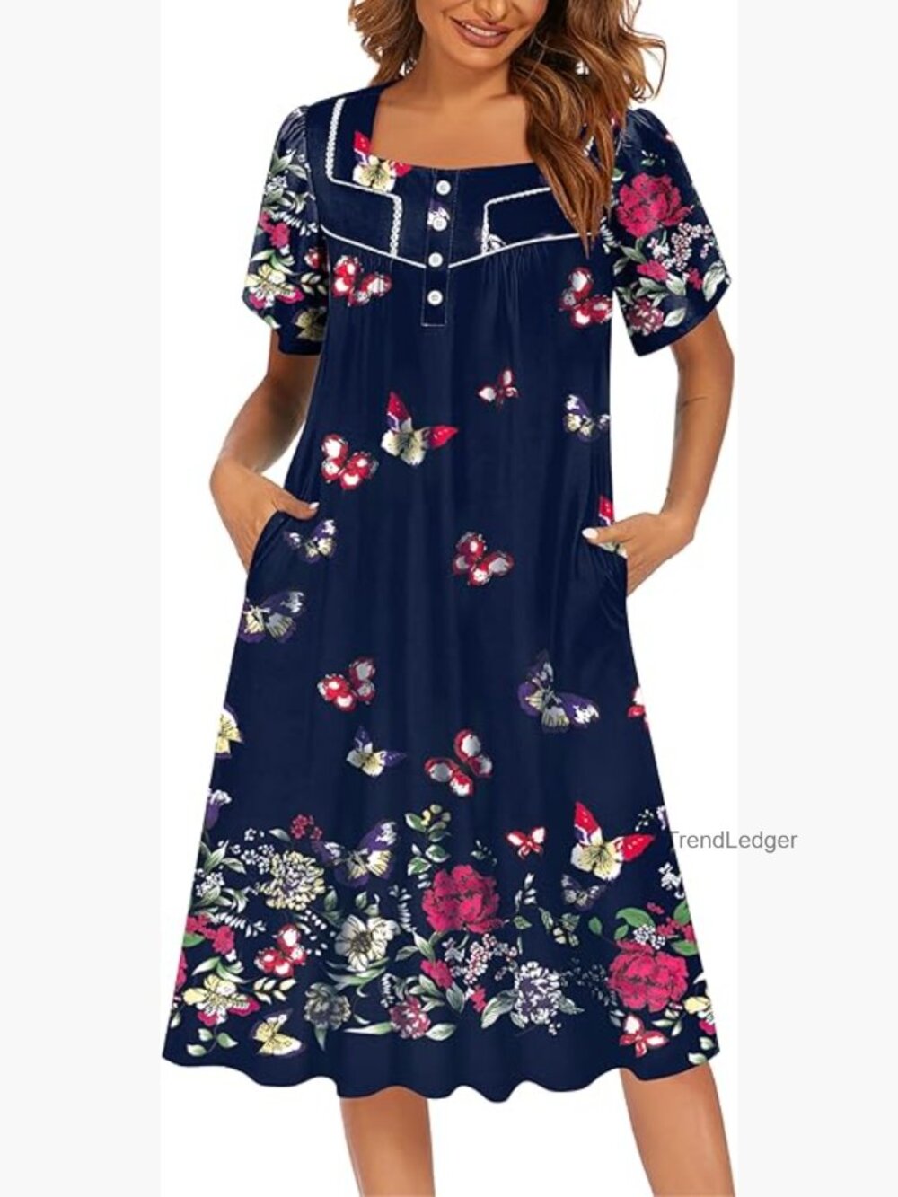 Women's House Dress with Pockets Short Sleeve Nightgown Lounge Dress - Picture 1 of 7